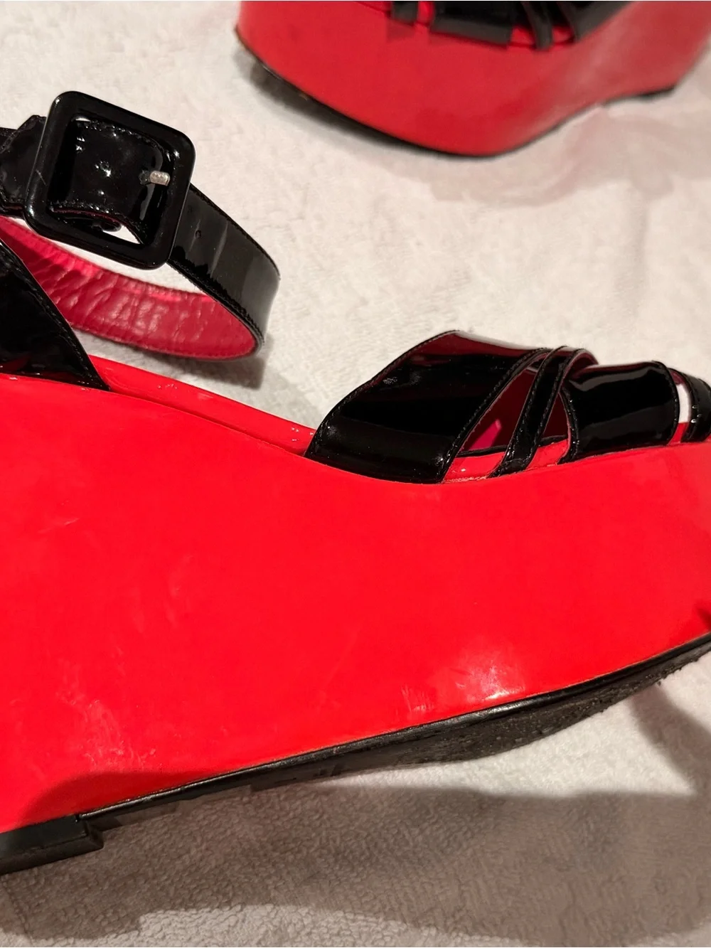 Sonia Rykiel Black Patent Leather Strappy Wedges with Pink Platform